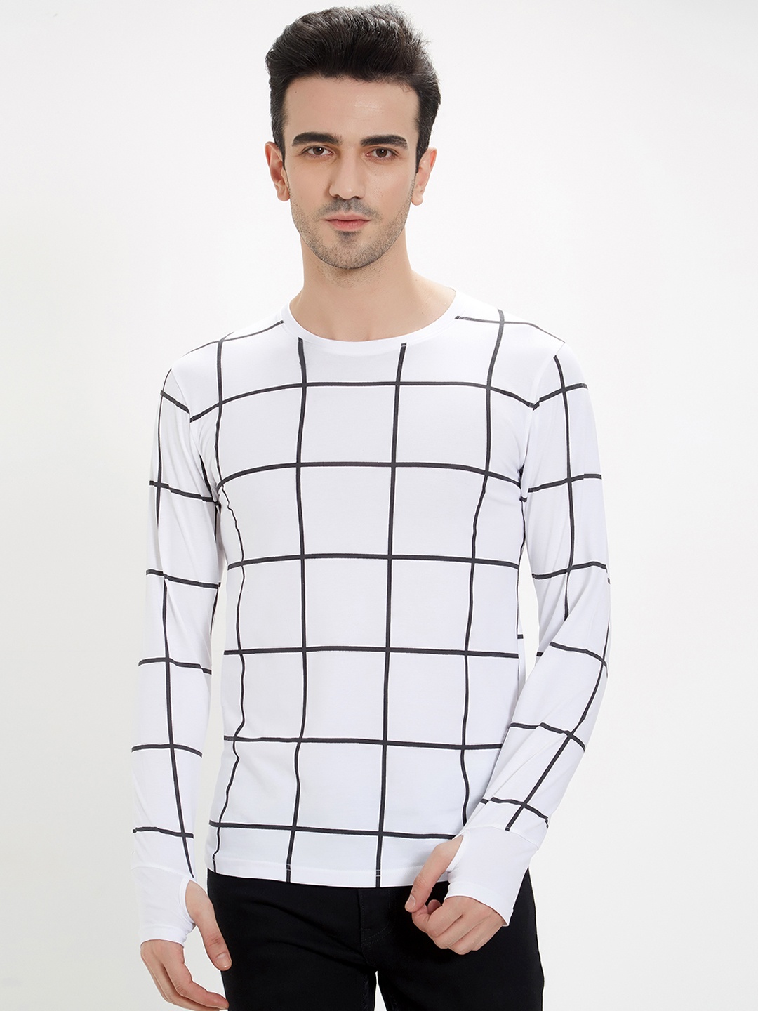 

Maniac Men White Checked Round Neck T-shirt