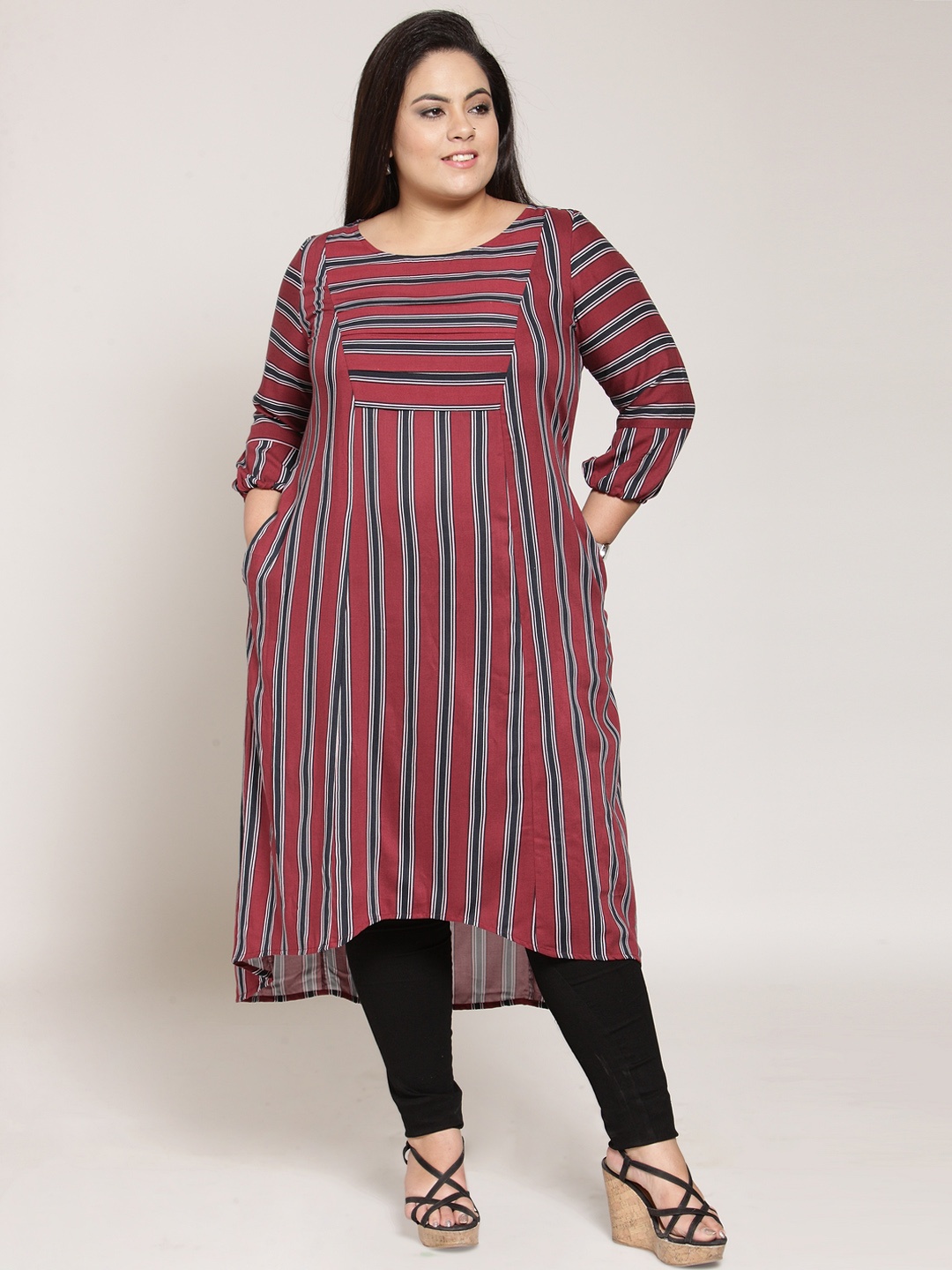 

plusS Women Maroon & Black Striped Straight Kurta