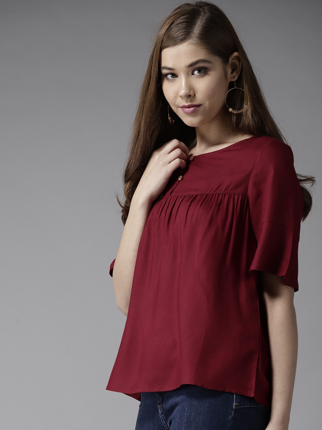 

HERE&NOW Women Maroon Solid A-Line Top