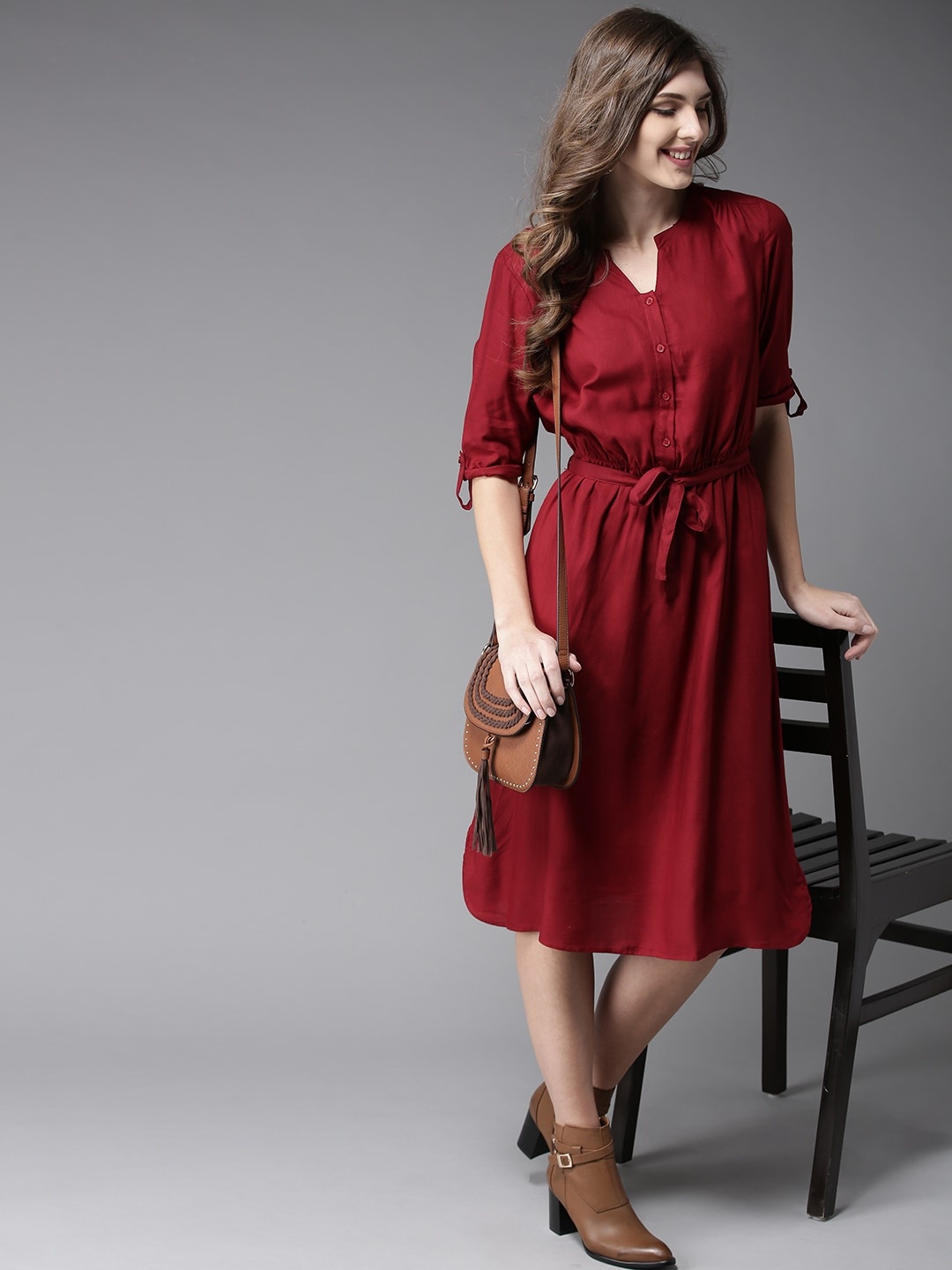 

HERE&NOW Maroon Midi A-Line Dress