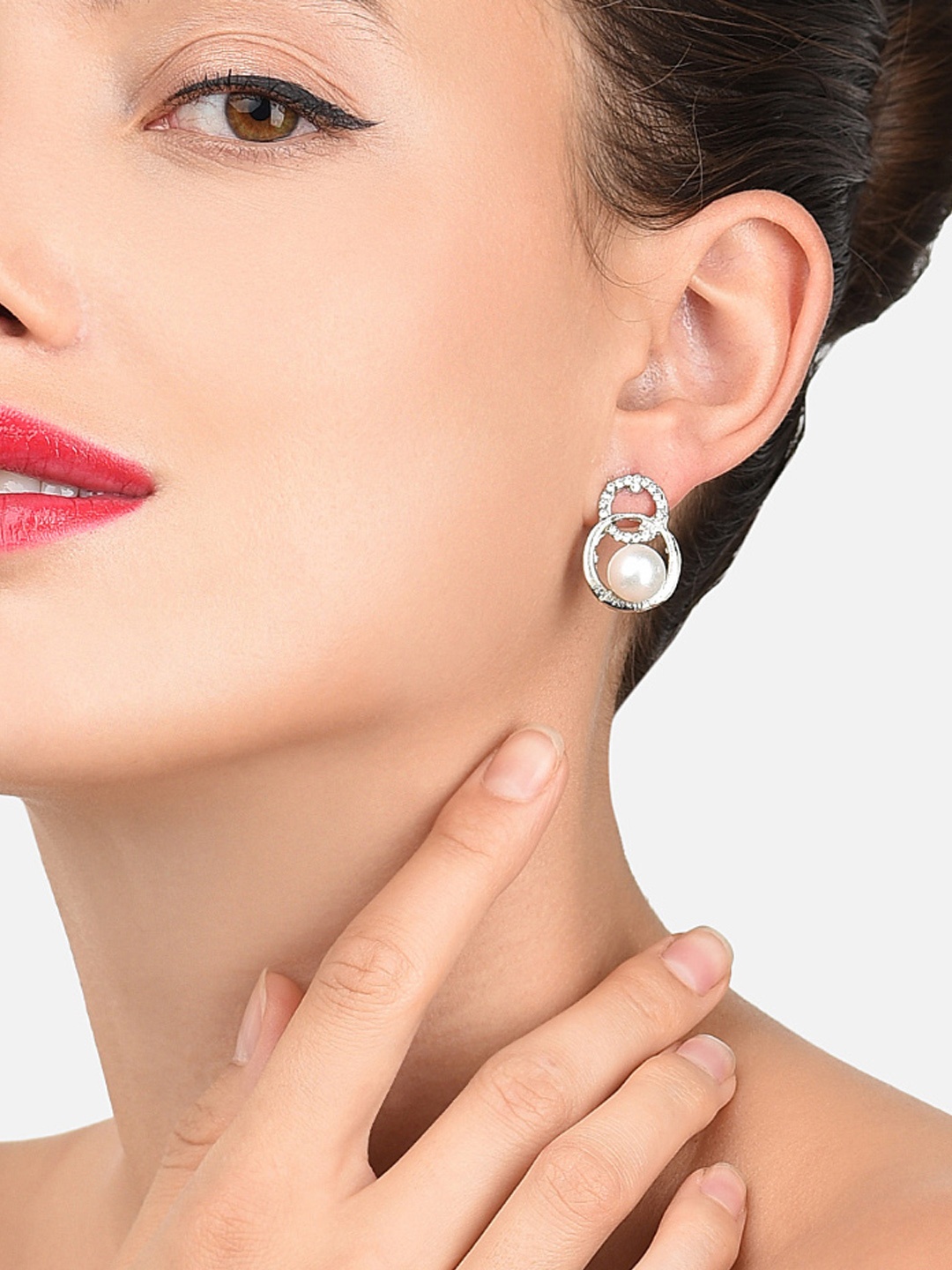 

Zaveri Pearls Off-White Silver-Plated Stone-Studded Circular Drop Earrings