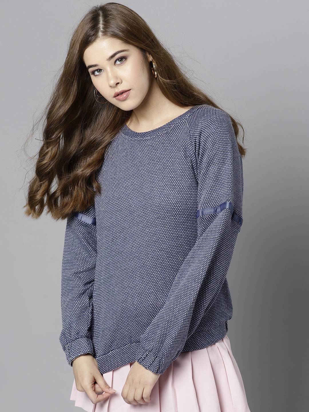 

RARE Women Navy Blue & White Self Design Sweatshirt