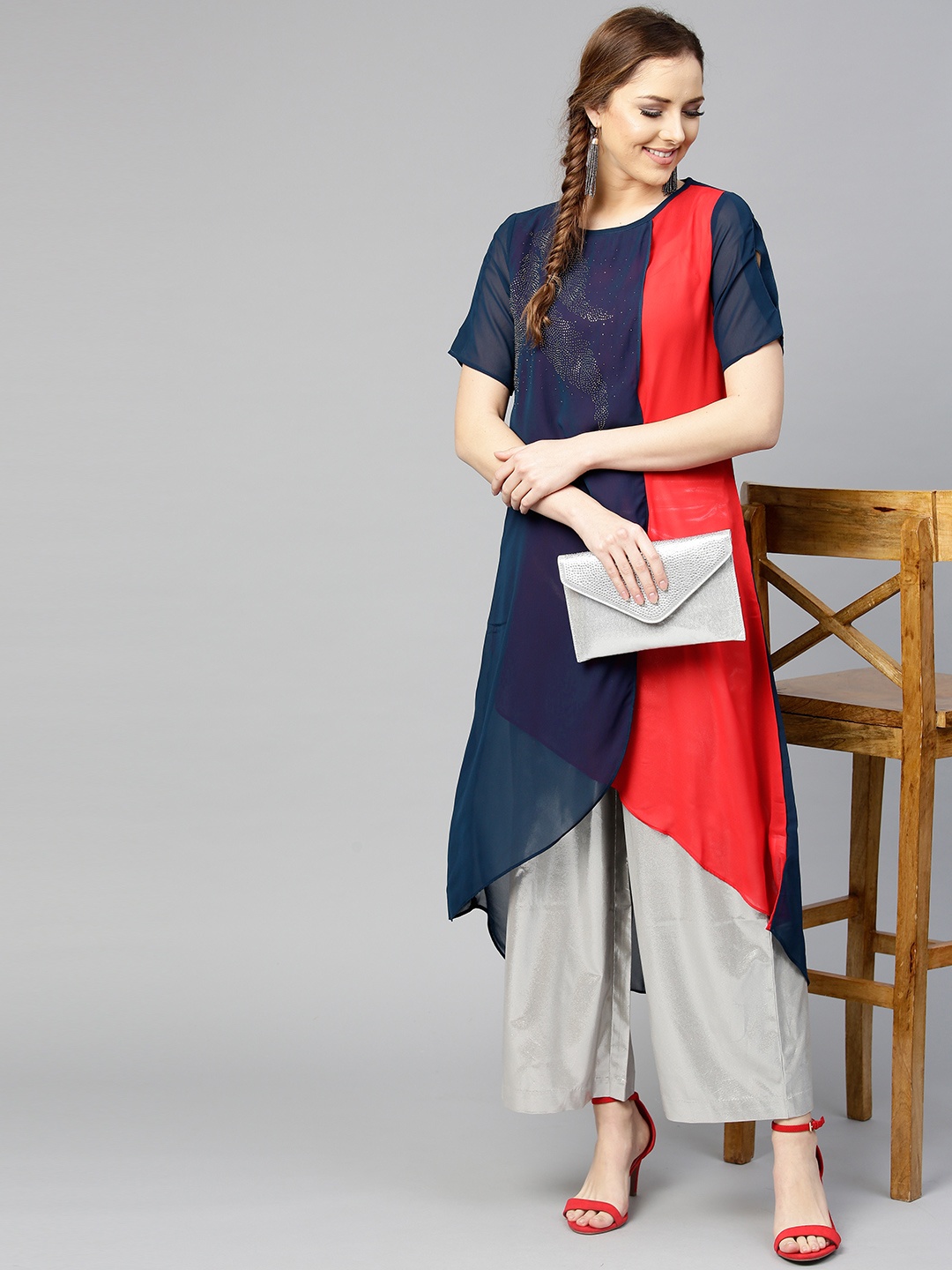 

RARE ROOTS Women Navy Blue & Red Colourblocked A-Line Kurta
