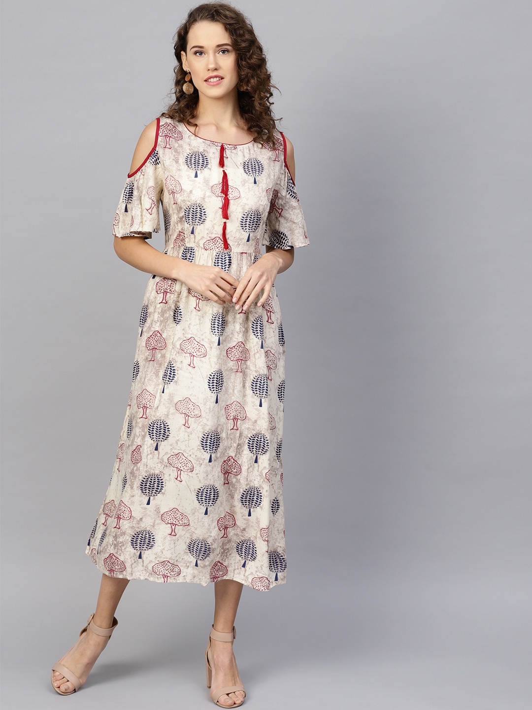 

RARE ROOTS Women Off-White & Navy Blue Printed Cold-Shoulder A-Line Dress