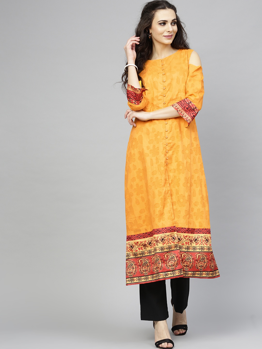 

RARE ROOTS Women Yellow & Red Self-Design A-Line Kurta