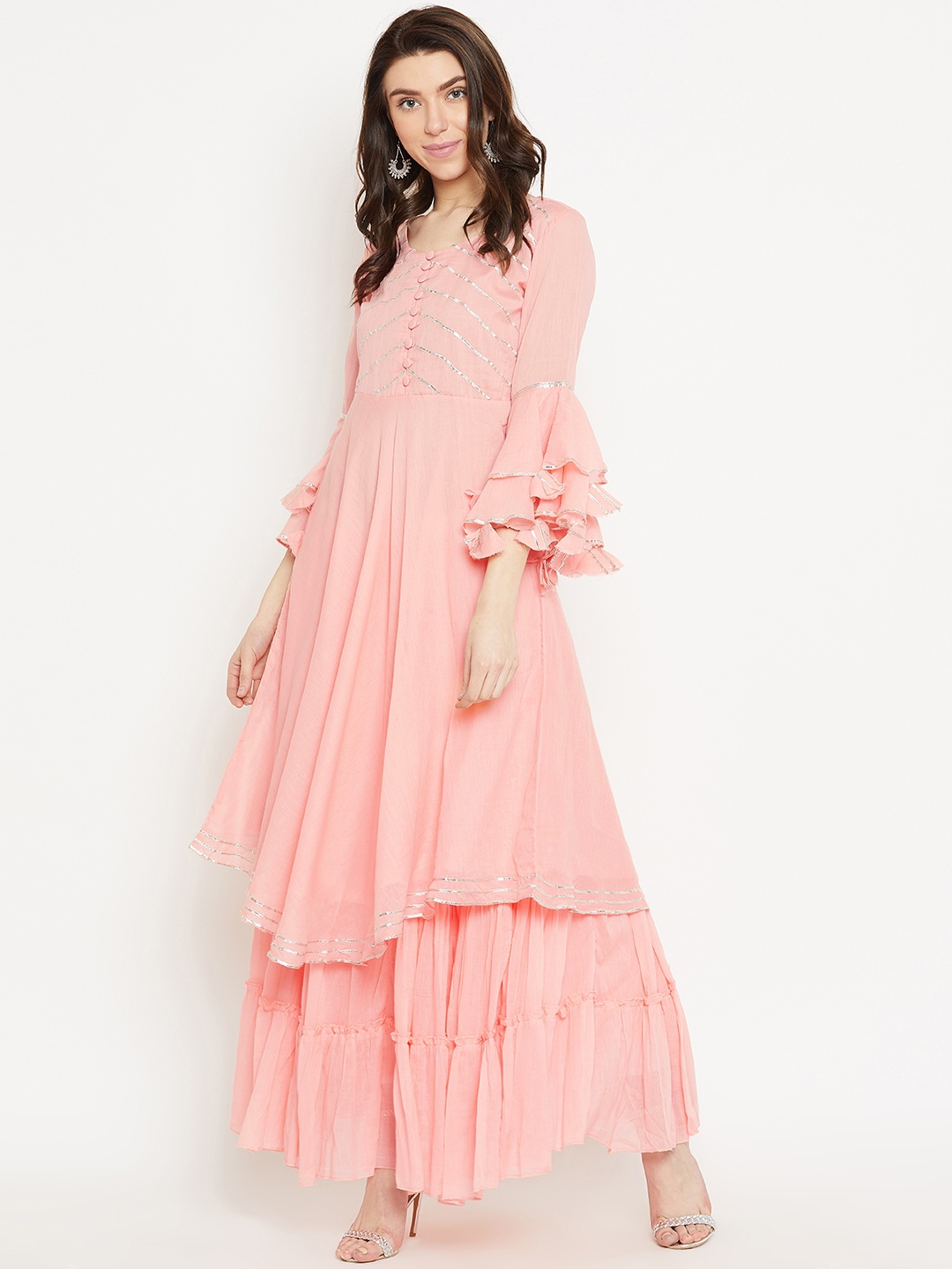 

Sringam Women Peach-Coloured Solid Kurta with Skirt
