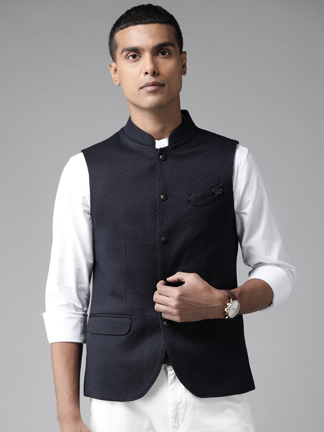 

Blackberrys Men Navy Blue Slim Fit Textured Nehru Jacket