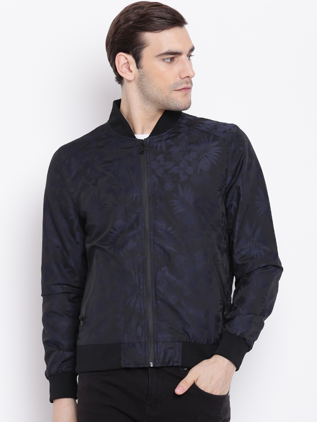 

Blackberrys Men Navy Blue Tropical Print Bomber