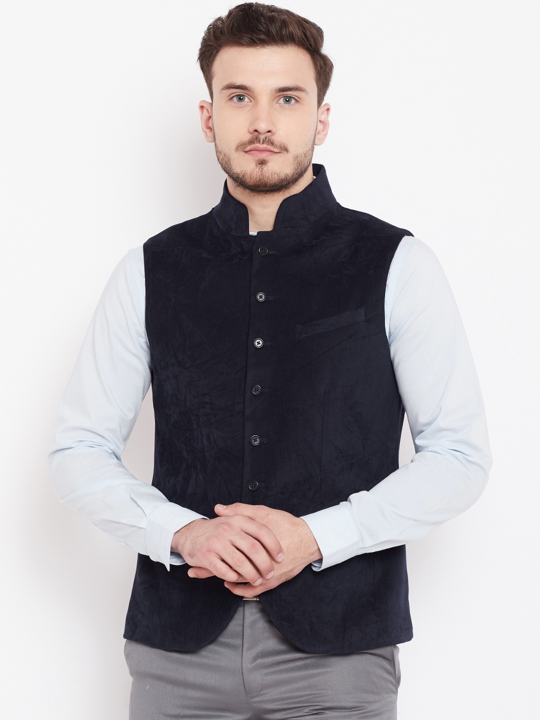 

Blackberrys Men Navy Velvet Nehru Jacket, Navy blue