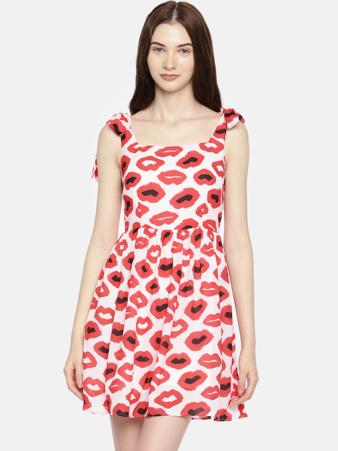 

ROVING MODE Women White Printed Fit and Flare Dress