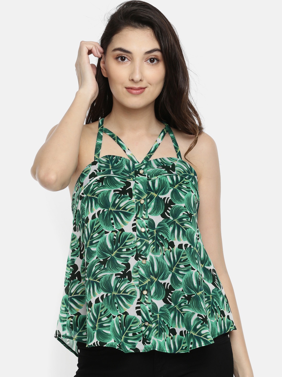 

ROVING MODE Women Green Tropical Printed Top