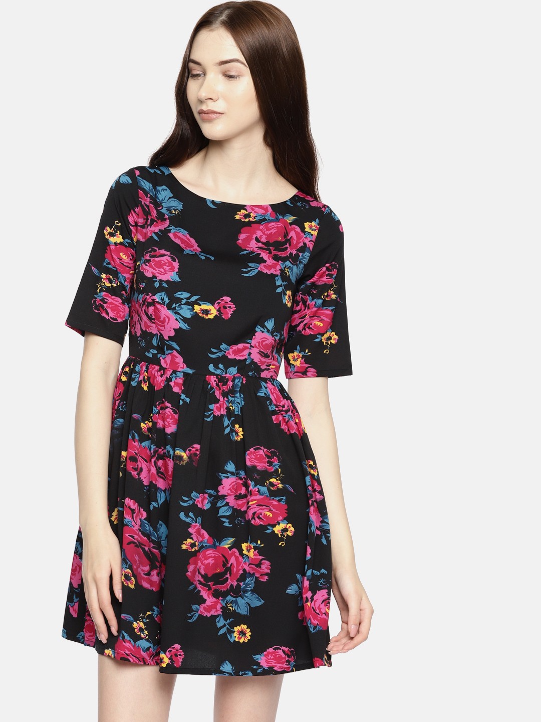 

ROVING MODE Women Black Printed Fit and Flare Dress