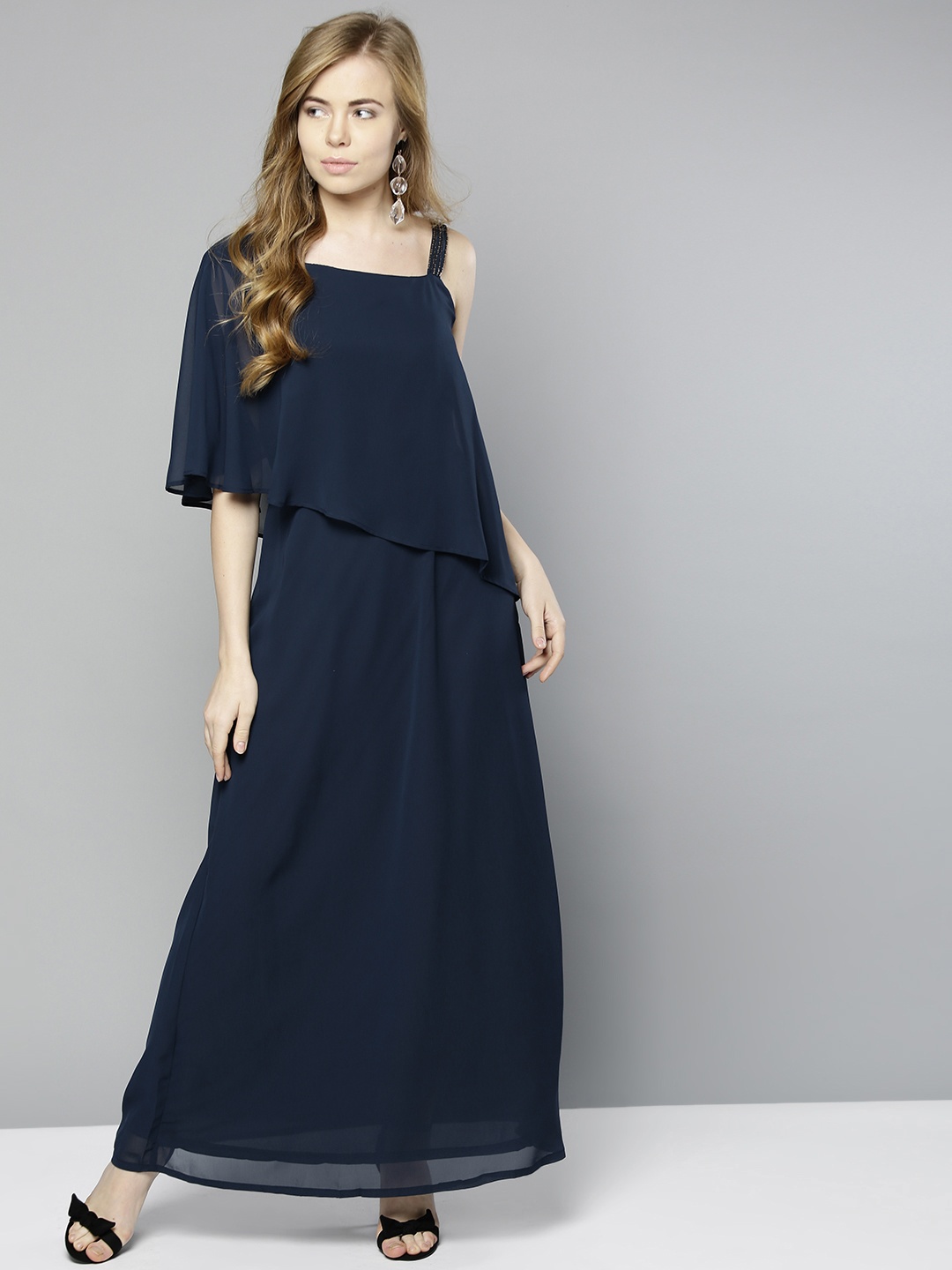 

Marie Claire Women Navy Blue Solid One Shoulder Maxi Dress
