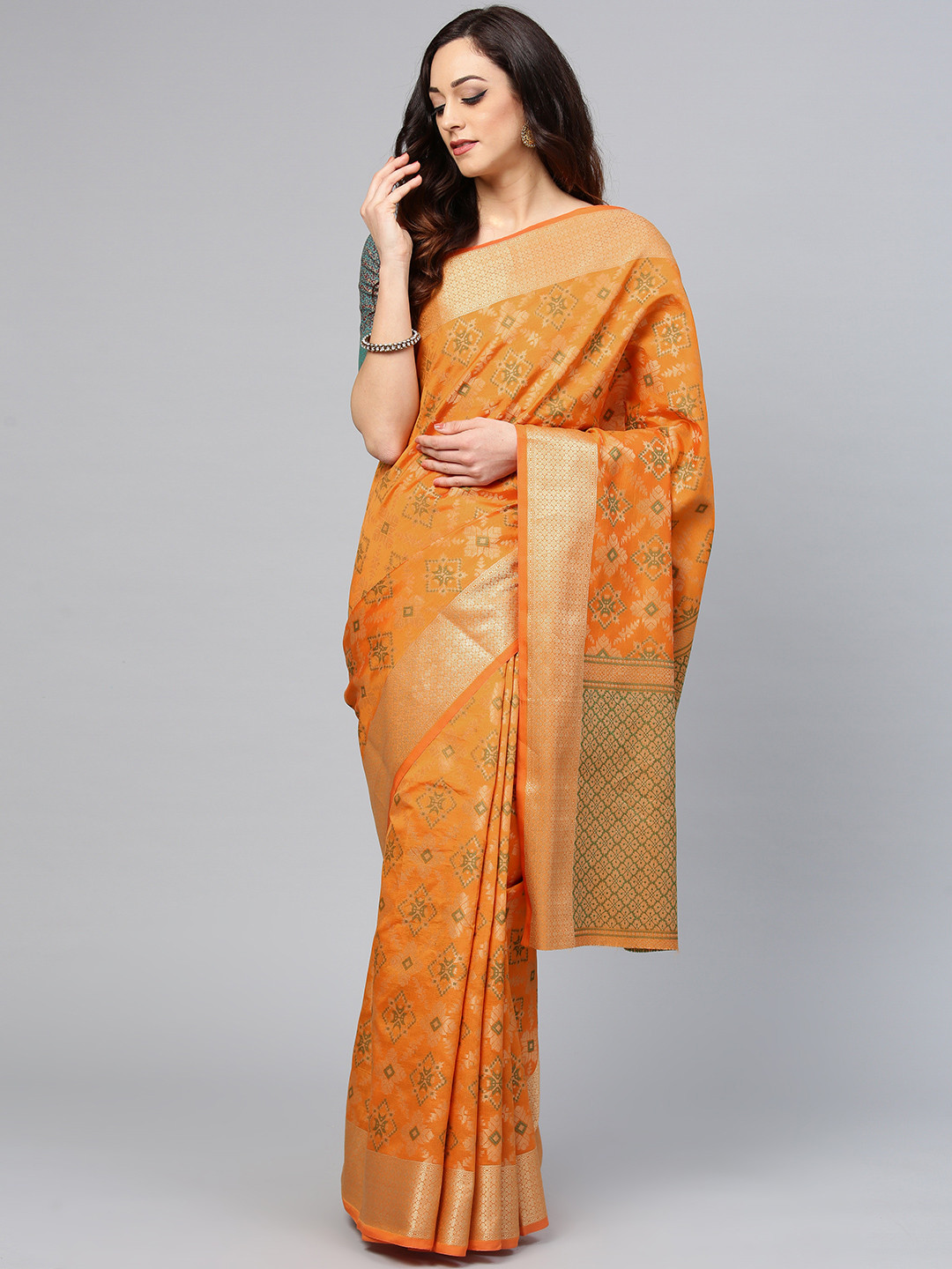 

Saree mall Orange & Green Woven Design Banarasi Saree