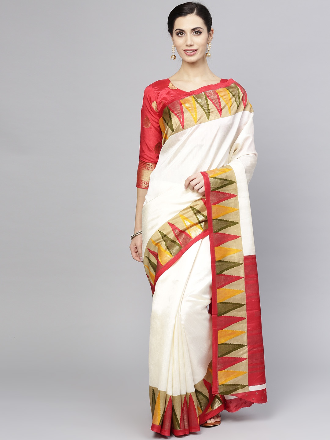 

Saree mall Off-White & Red Solid Banarasi Saree, Cream