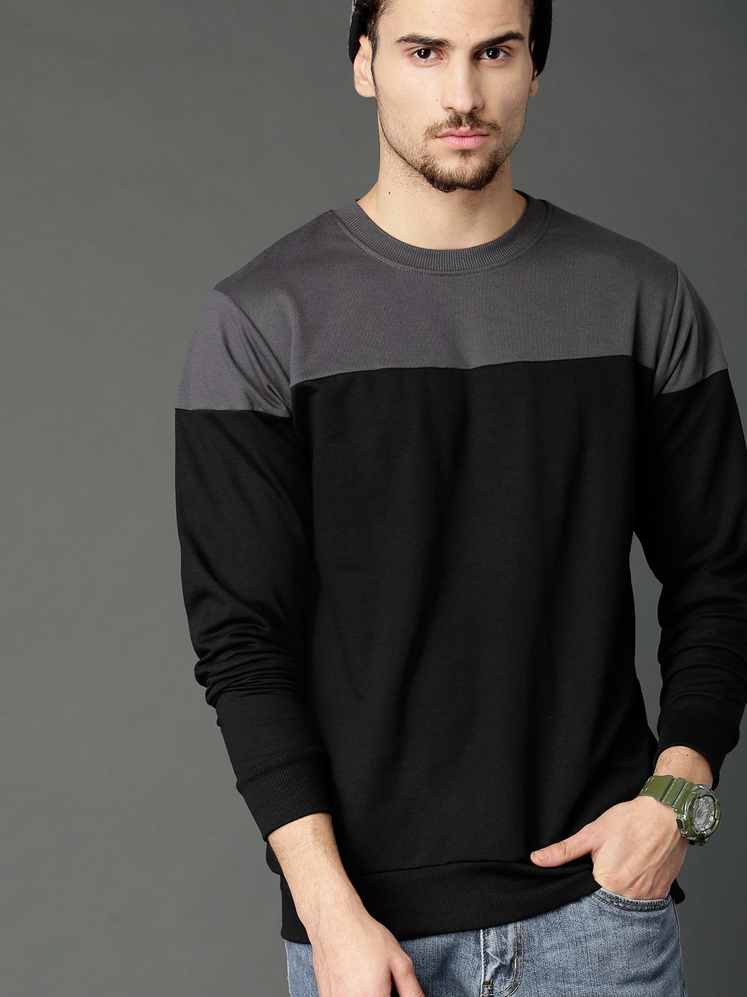 

Roadster Men Black & Charcoal Grey Colourblocked Sweatshirt