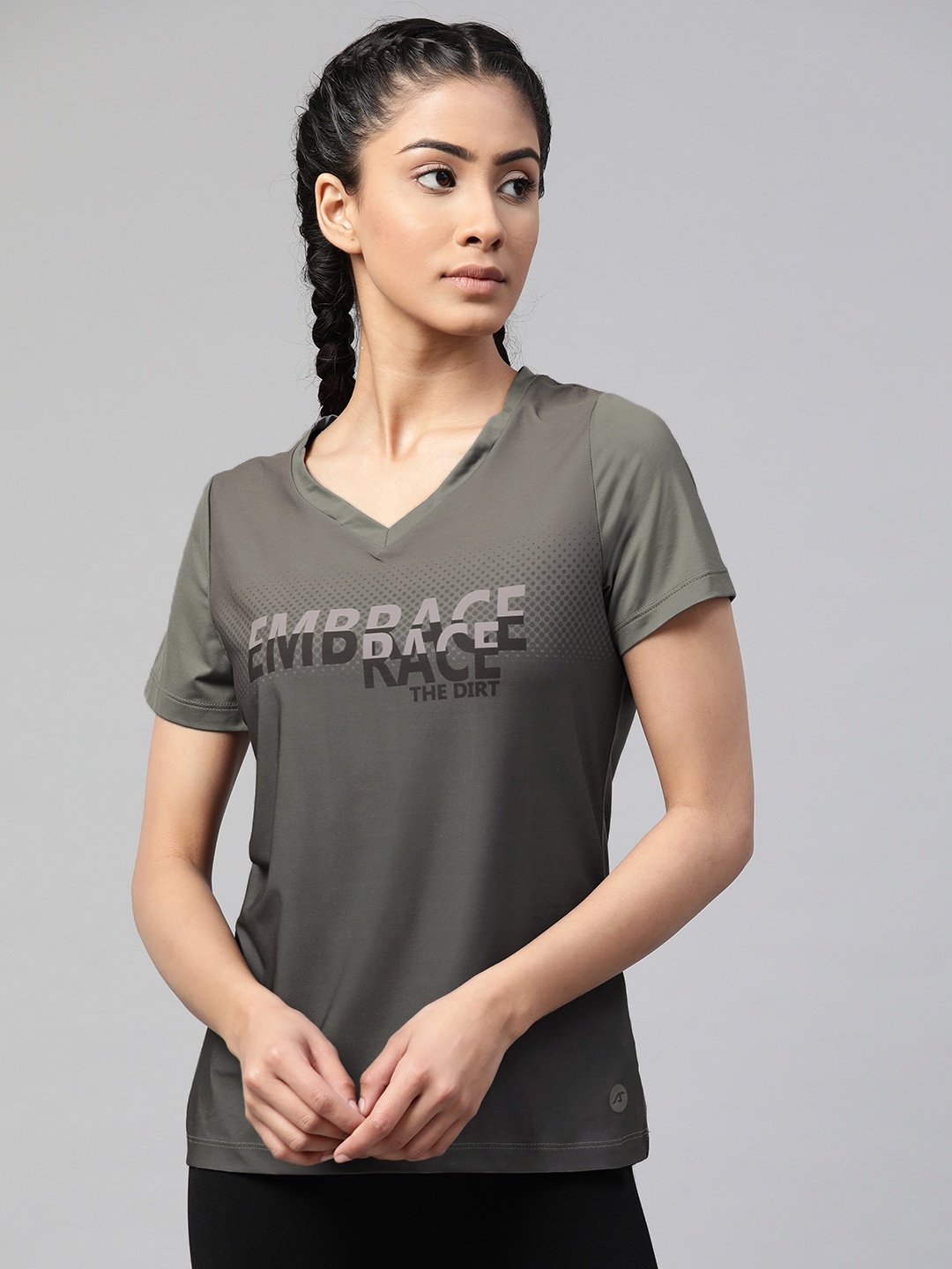 

Alcis Women Grey Printed V-Neck Running T-shirt