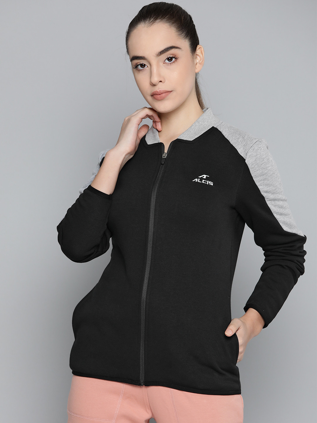 

Alcis Women Black & Grey Melange Colourblock Detail Sweatshirt