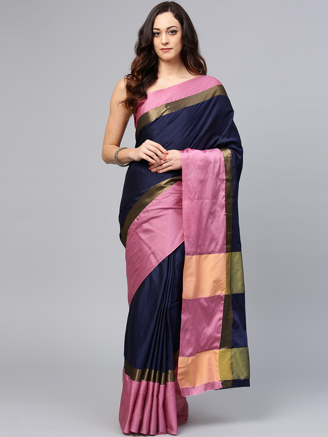 

Saree mall Navy Blue & Mauve Solid Banarasi Saree