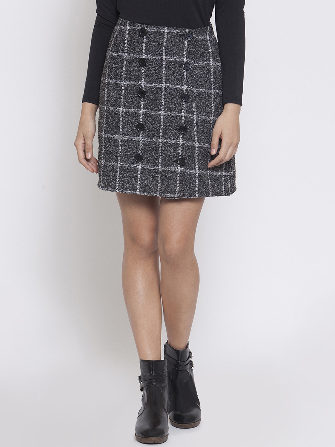 

Martini Women Charcoal Grey Checked Button Woollen Mini Skirt
