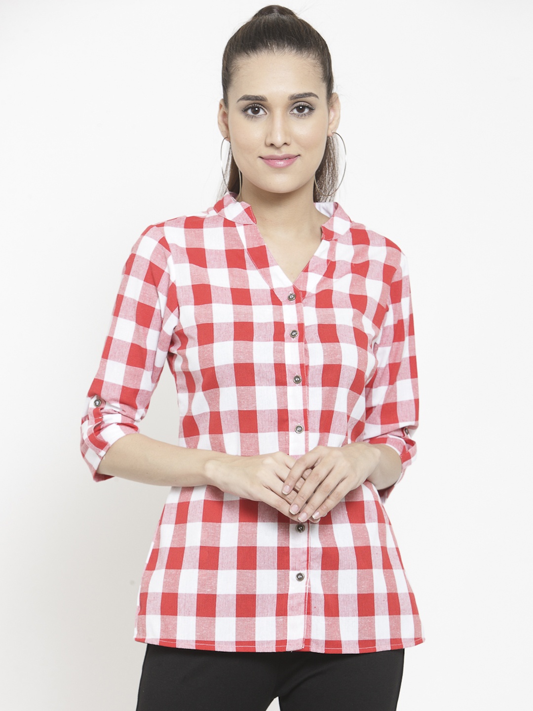 

Indietoga Women Red & White Skinny Fit Checked Casual Shirt