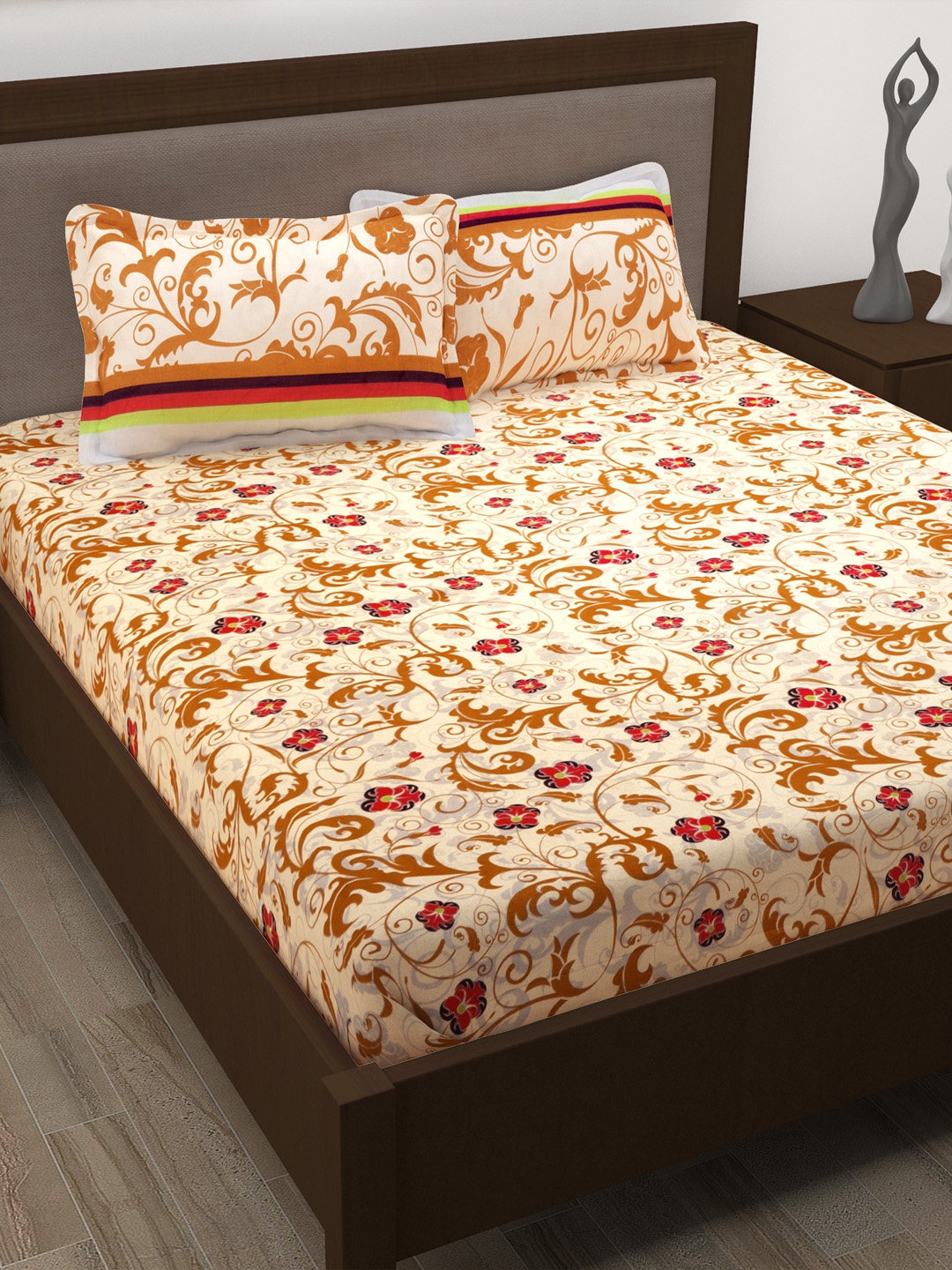 

Story@home Brown Floral Flat 186TC Cotton 1 Double Bedsheet with 2 Pillow Covers