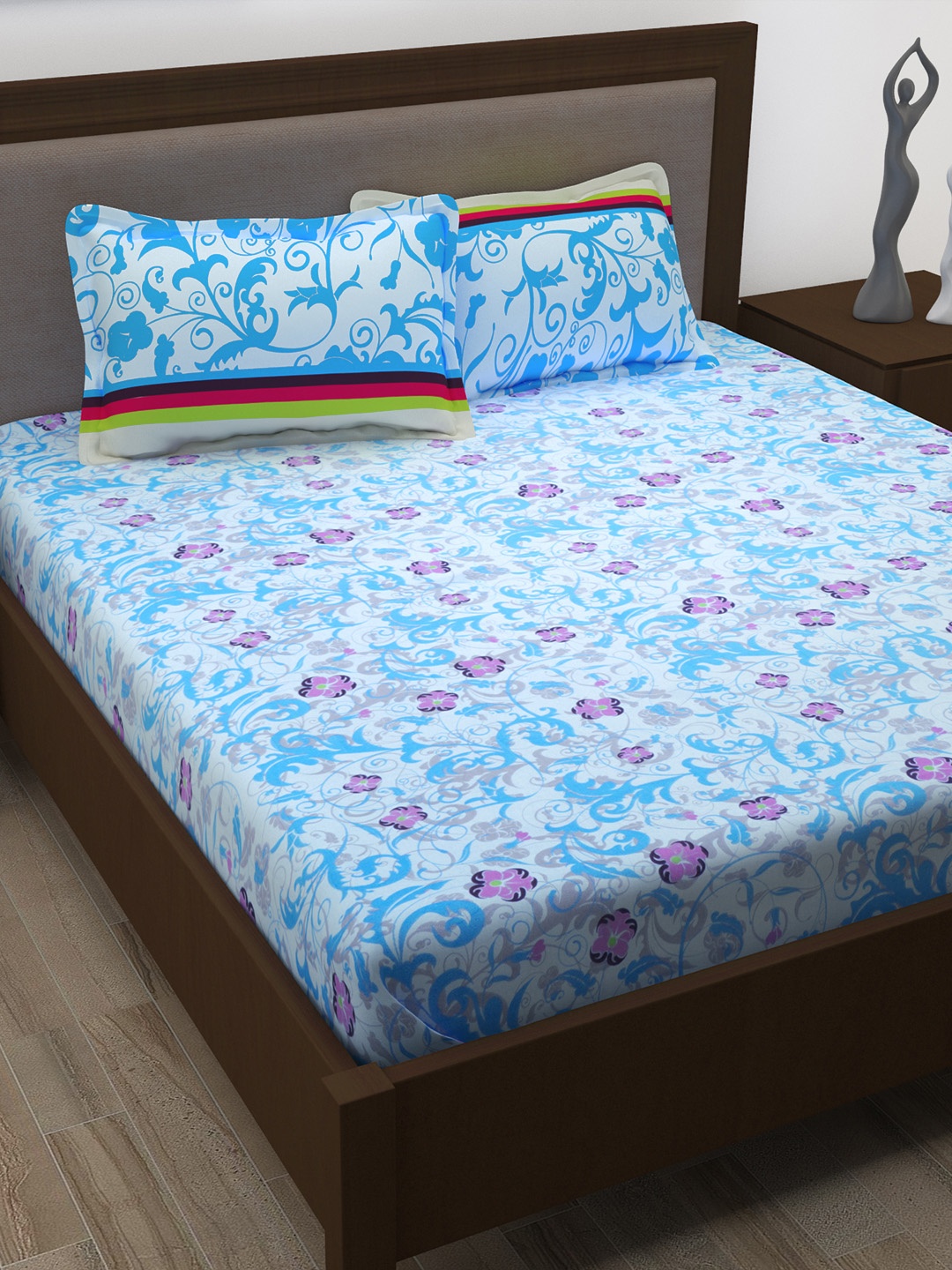 

Story@home Blue Floral Flat 186TC Cotton 1 Double Bedsheet with 2 Pillow Covers