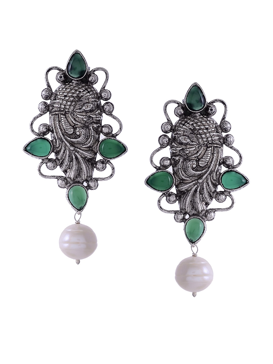 

Silvermerc Designs Silver-Toned & Green Peacock Shaped Drop Earrings