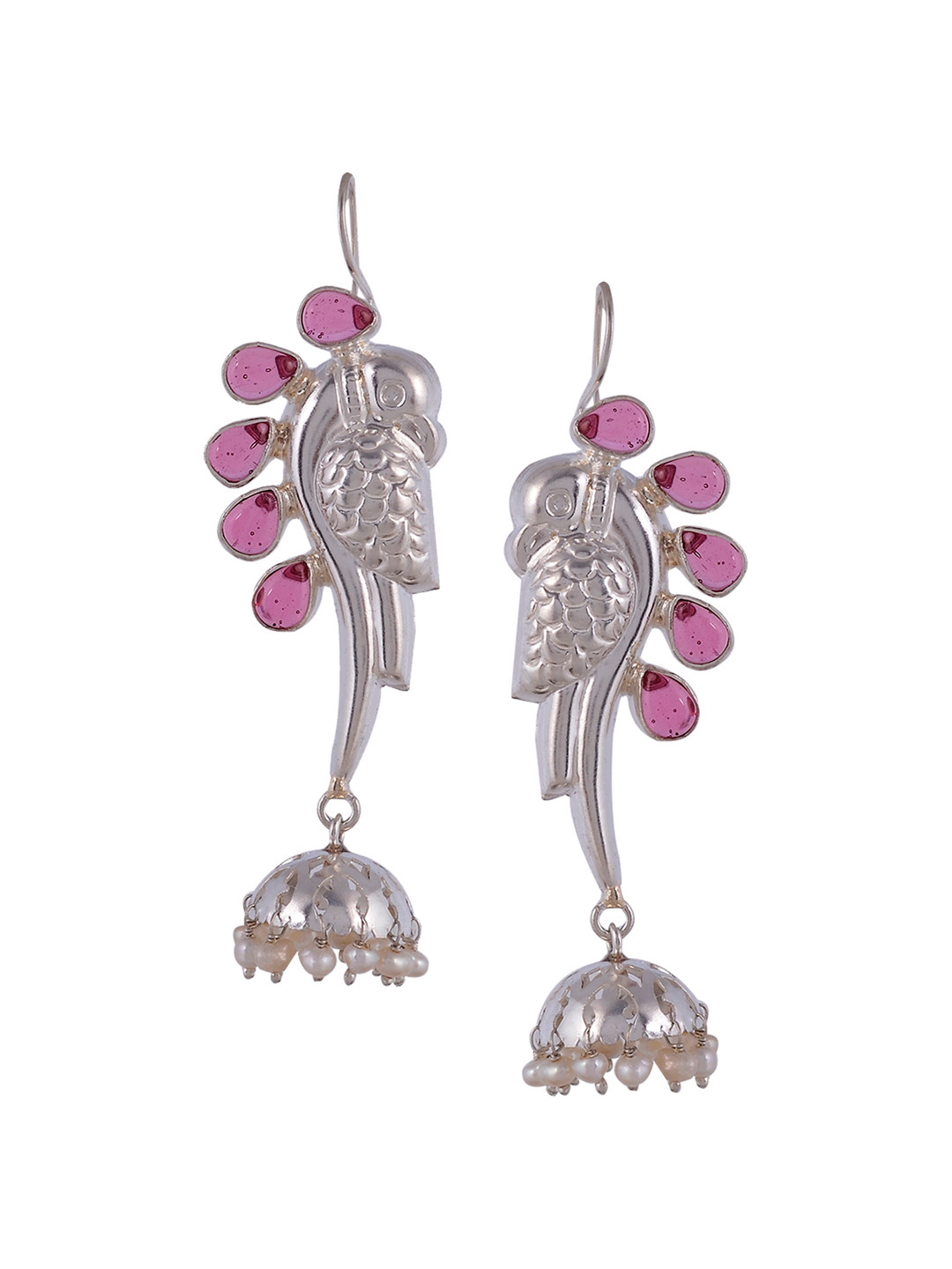

Silvermerc Designs Silver-Plated & Pink Handcrafted Peacock Shaped Jhumkas