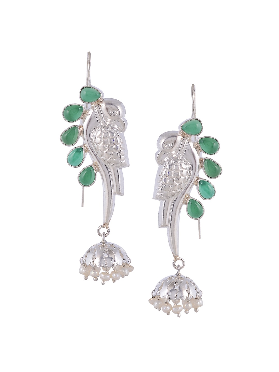 

Silvermerc Designs Silver-Plated & Green Peacock Shaped Handcrafted Jhumkas