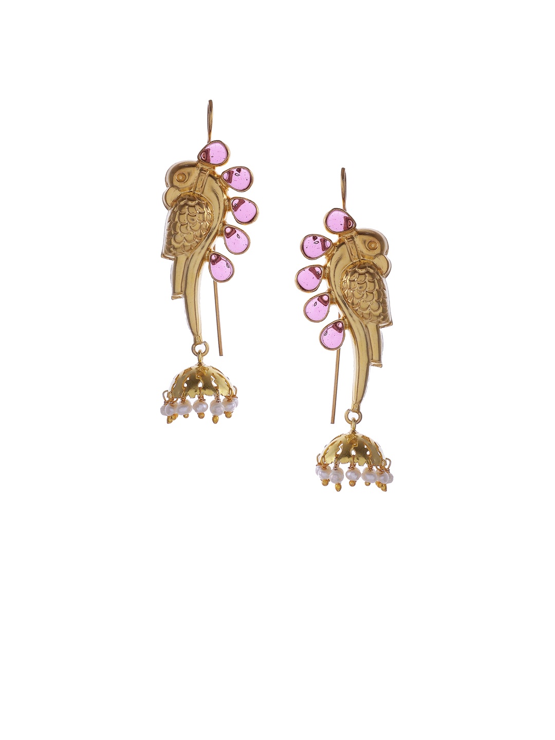 

Silvermerc Designs Gold-Plated & Pink Handcrafted Peacock Shaped Jhumkas