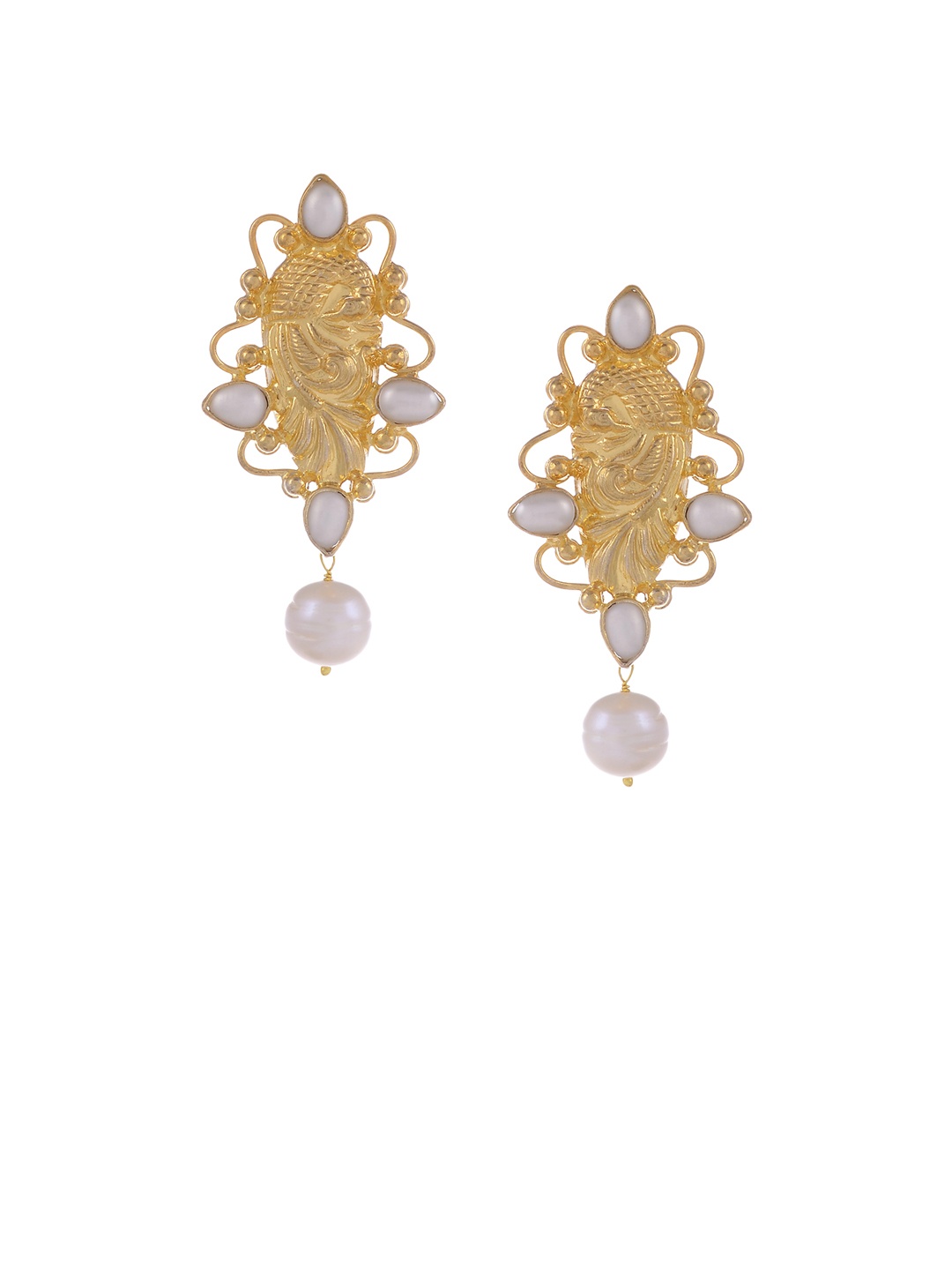 

Silvermerc Designs Gold-Plated & White Peacock Shaped Handcrafted Drop Earrings