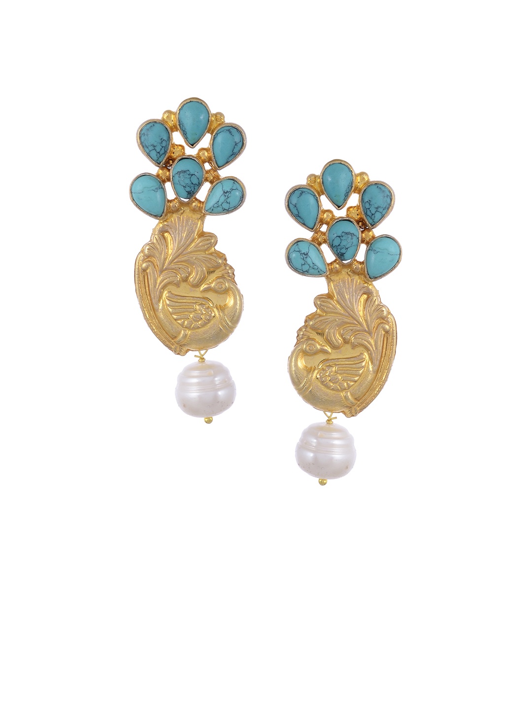 

Silvermerc Designs Gold-Plated & Turquoise Blue Peacock Shaped Handcrafted Drop Earrings