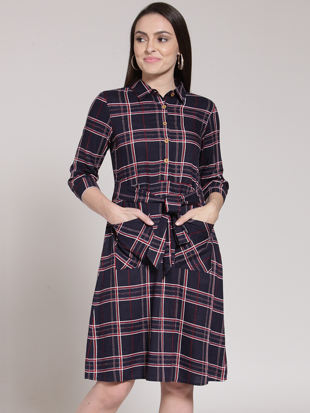 

plusS Women Navy Blue Checked Shirt Dress