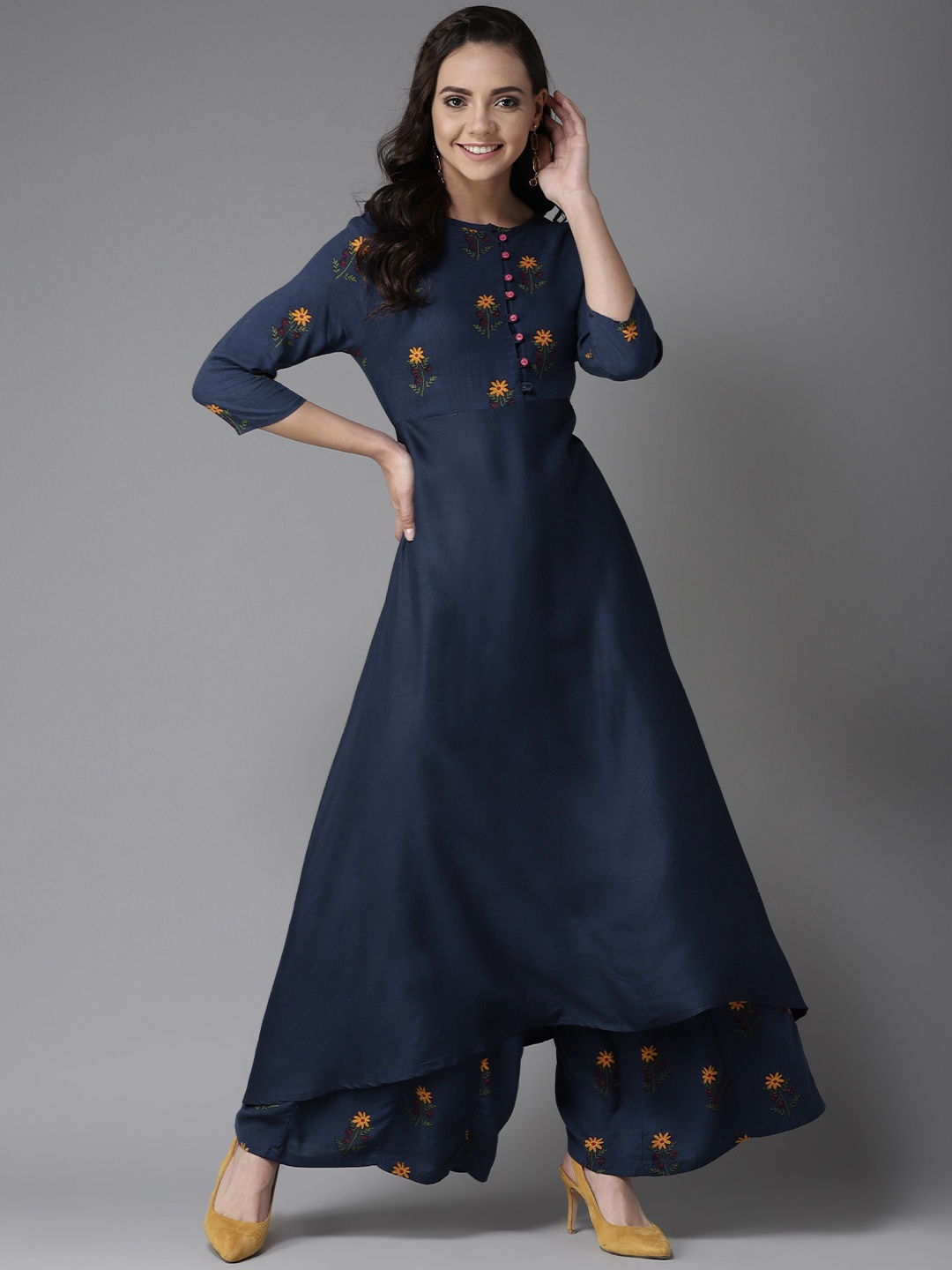 

HERE&NOW Women Navy Blue & Mustard Yellow Yoke Design Kurta with Palazzos