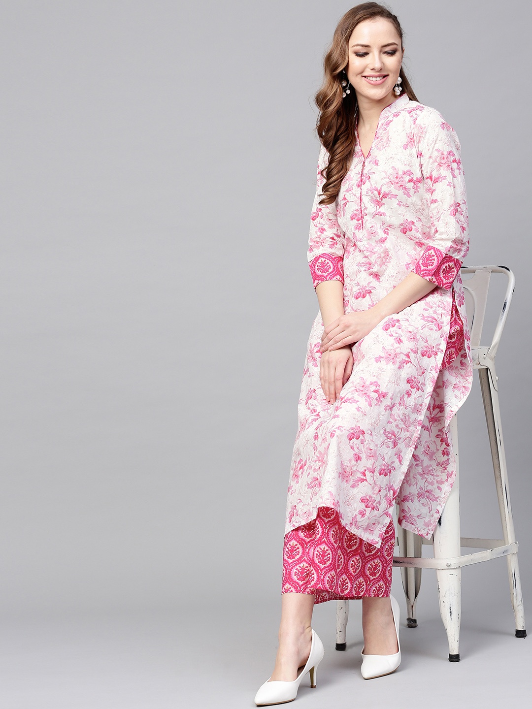 

Tissu Women White & Pink Printed Kurta with Palazzos