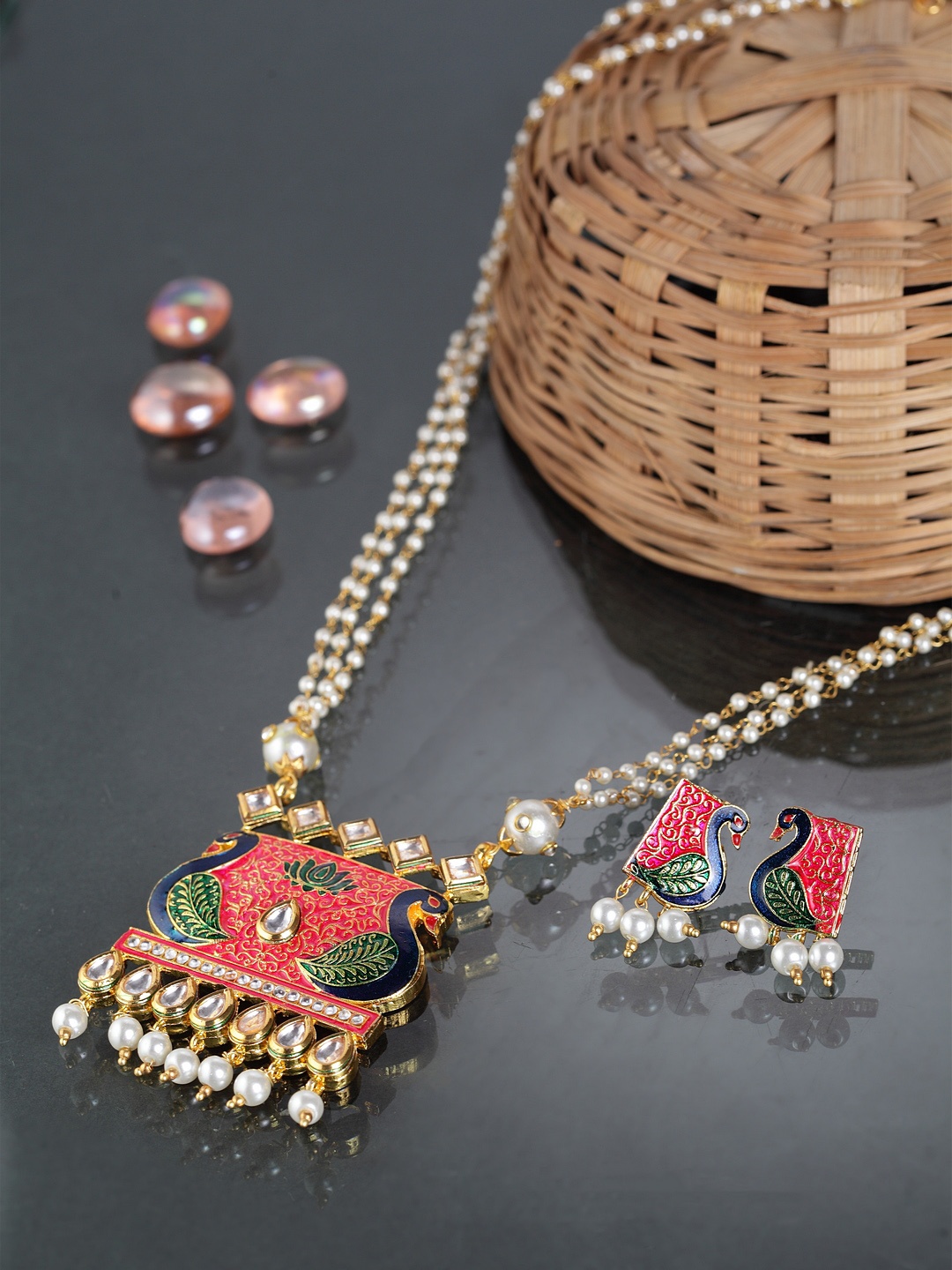 

Moedbuille Handcrafted Kundan Jadau Pink & Blue Meenakari Gold-Plated Jewellery Set