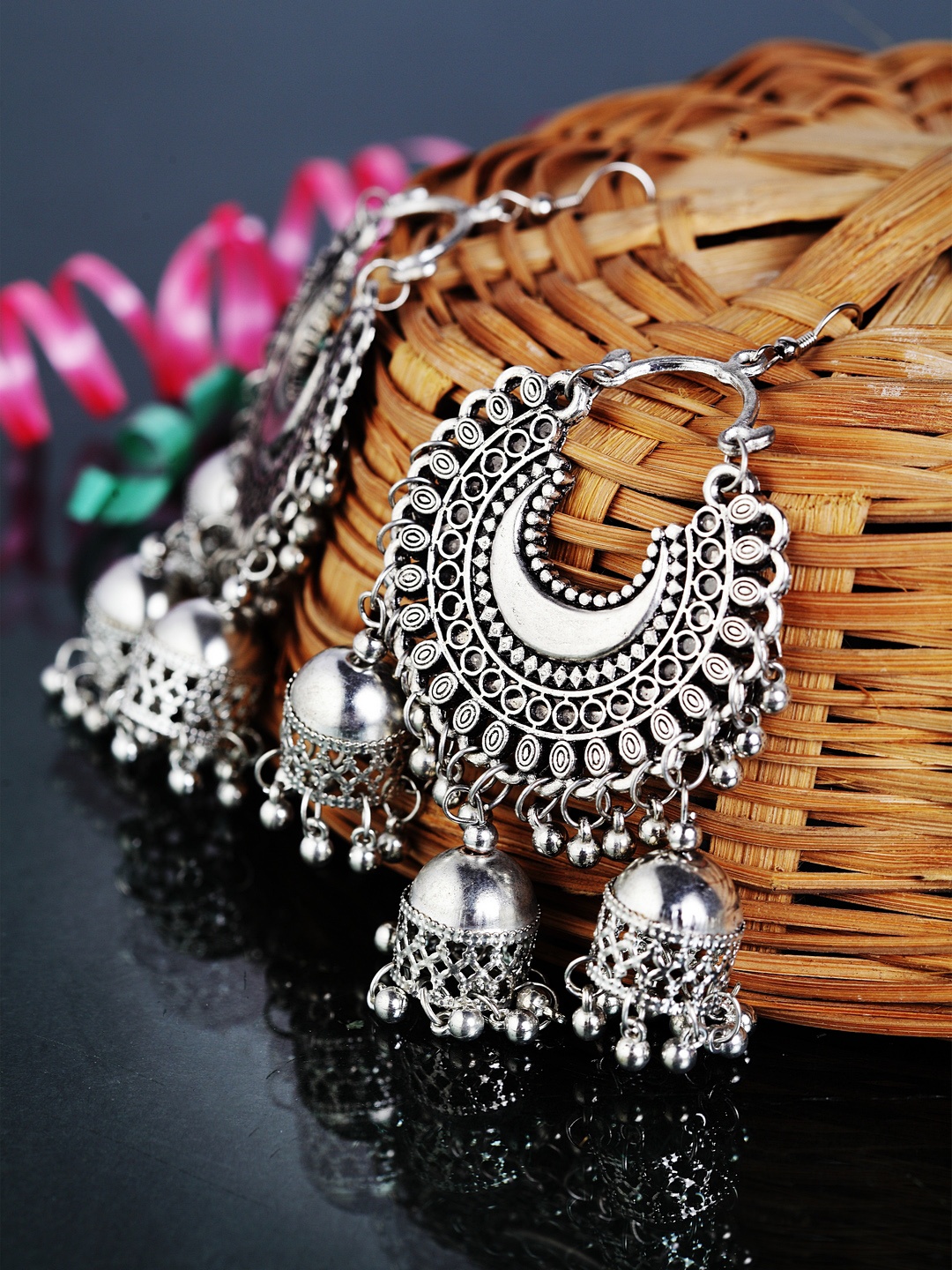 

Moedbuille Silver-Toned Crescent Shaped Jhumkas