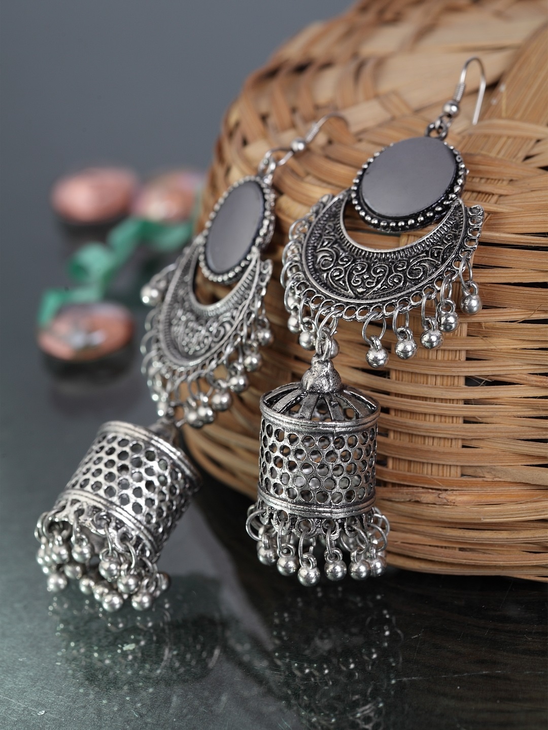 

Moedbuille Silver-Toned Contemporary Jhumkas