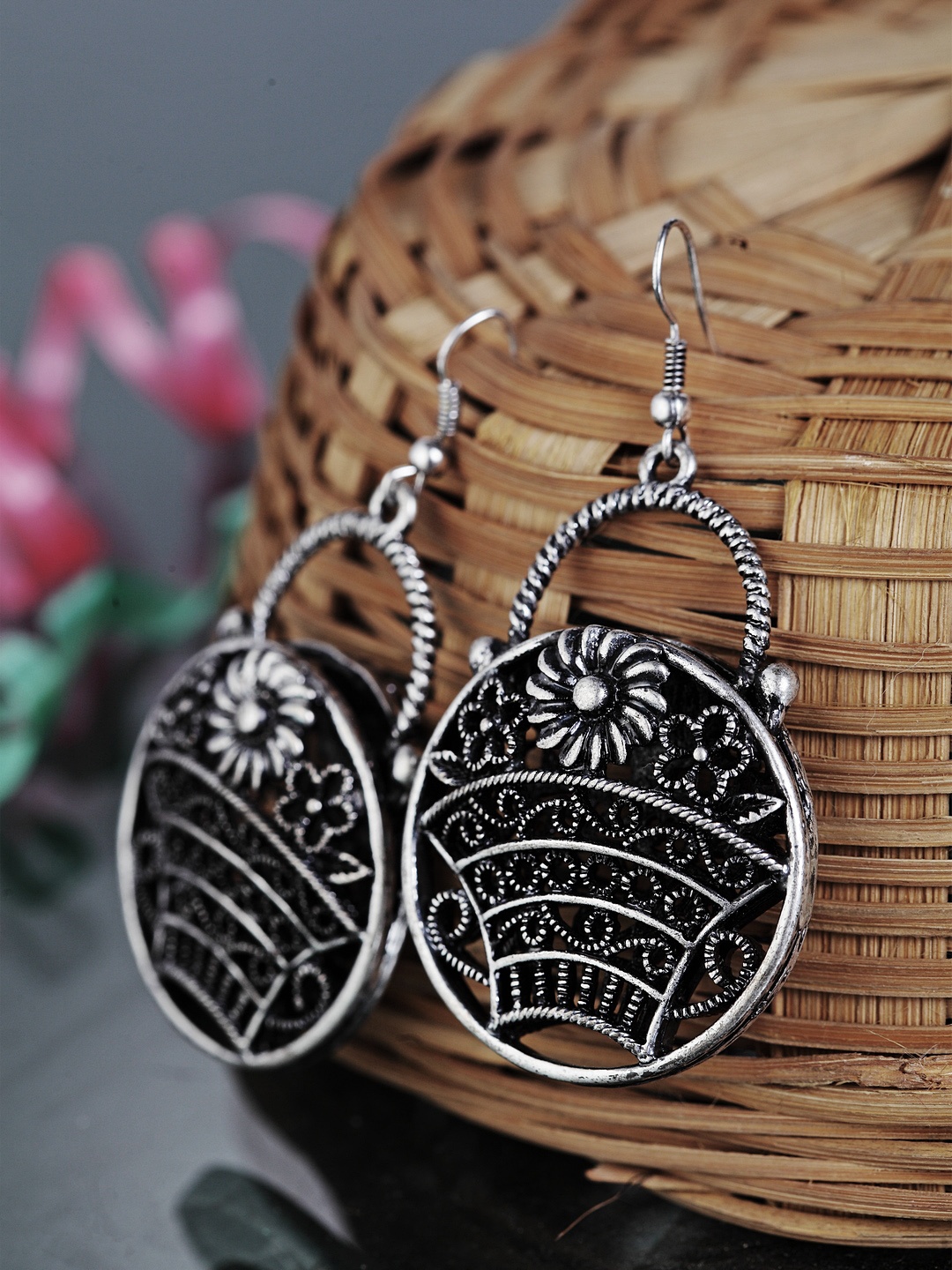 

Moedbuille Silver-Plated Oxidised Circular Drop Earrings