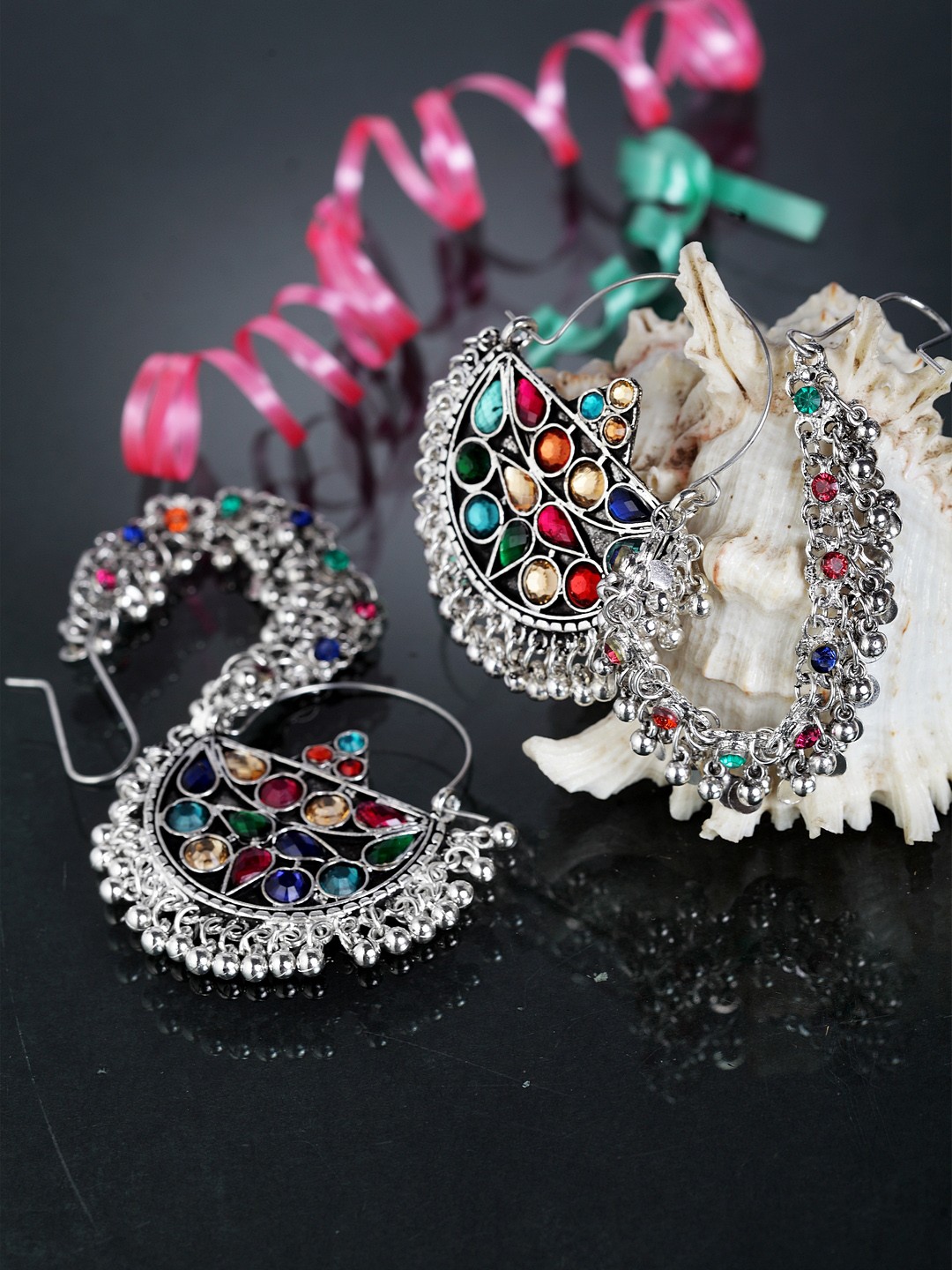 

Moedbuille Silver-Plated Enamelled Crescent Shaped Chandbalis