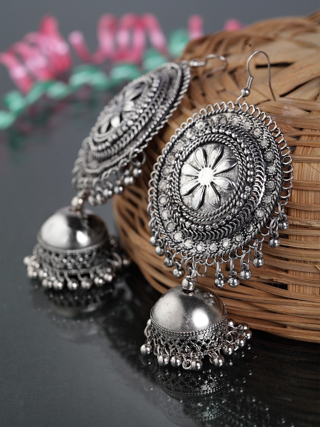 

Moedbuille Silver-Toned Dome Shaped Jhumkas