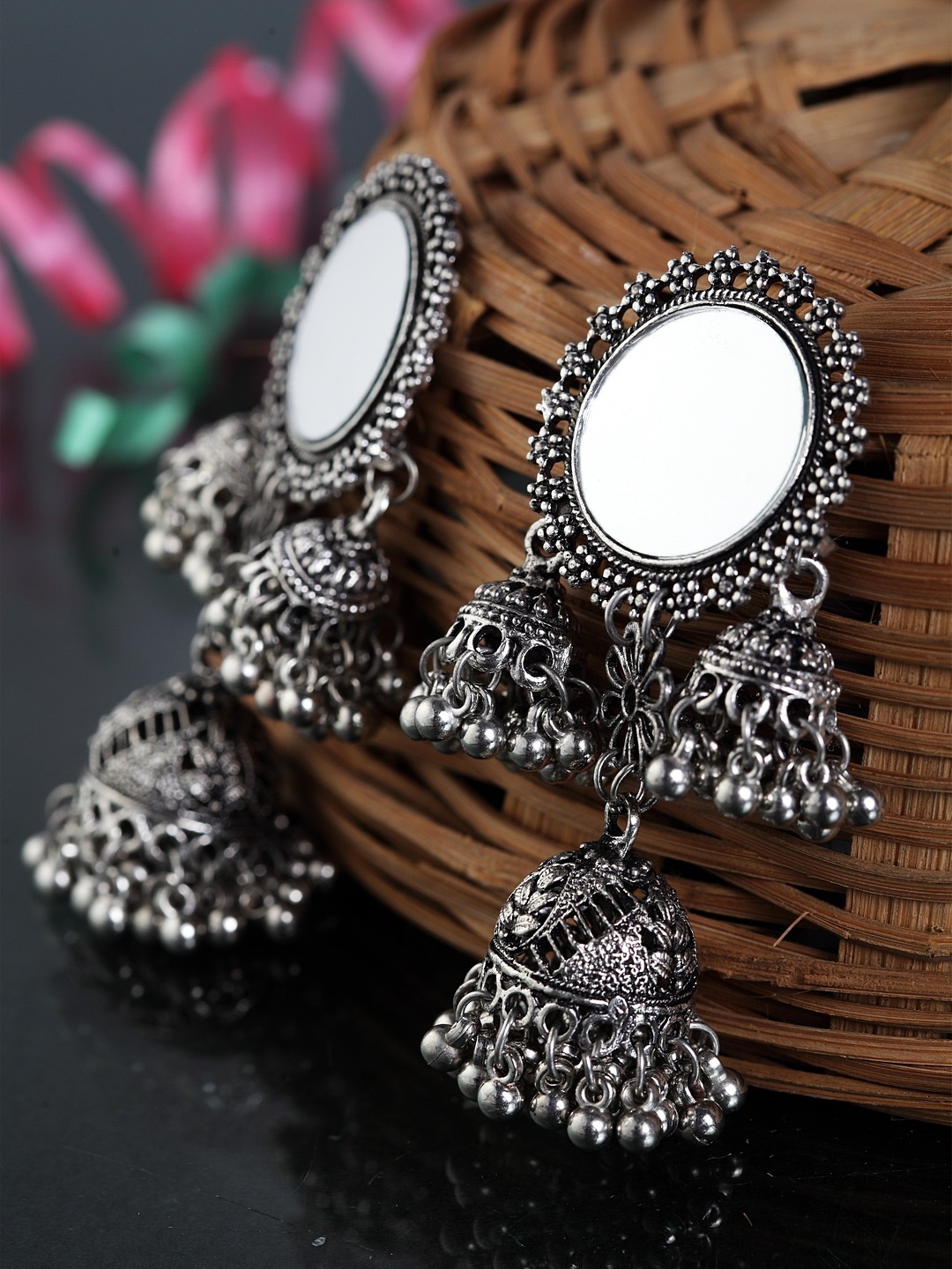 

Moedbuille Silver-Toned Dome Shaped Jhumkas