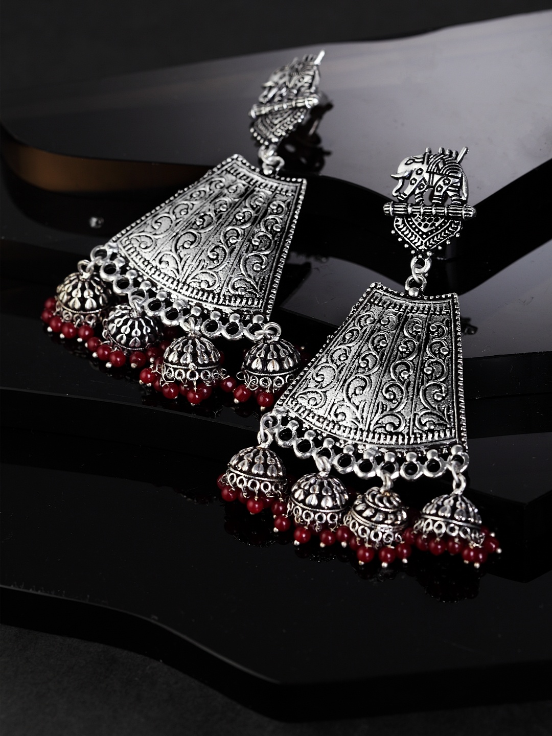 

Moedbuille Silver-Plated Red Handcrafted Triangular Jhumkas