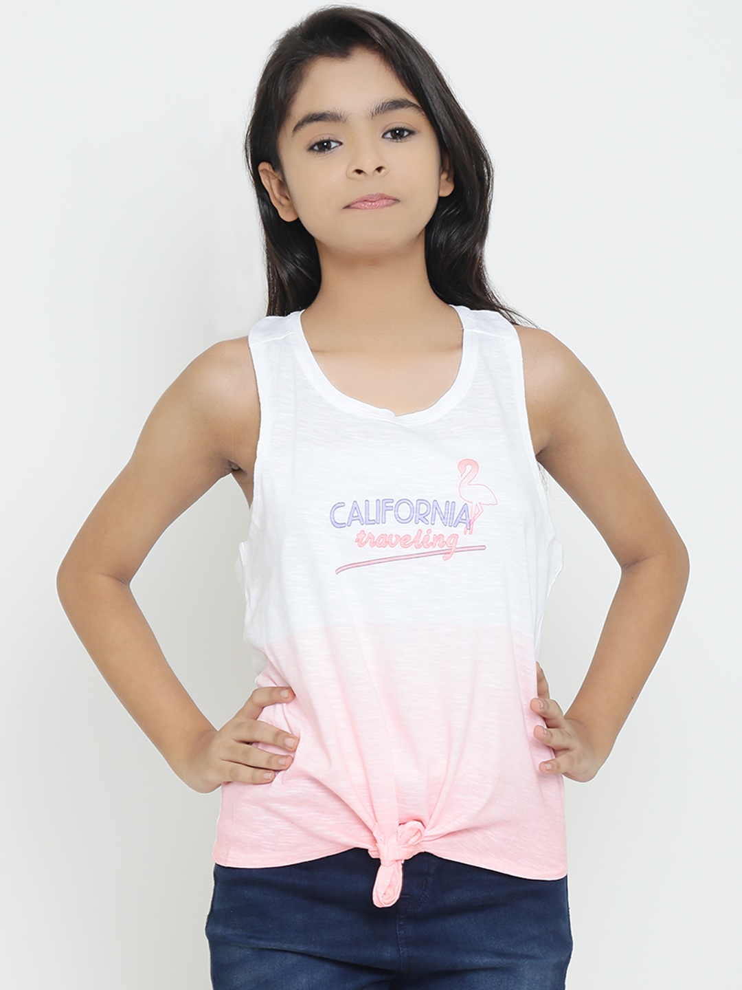 

Natilene Girls Pink & White Printed Tank Pure Cotton Top