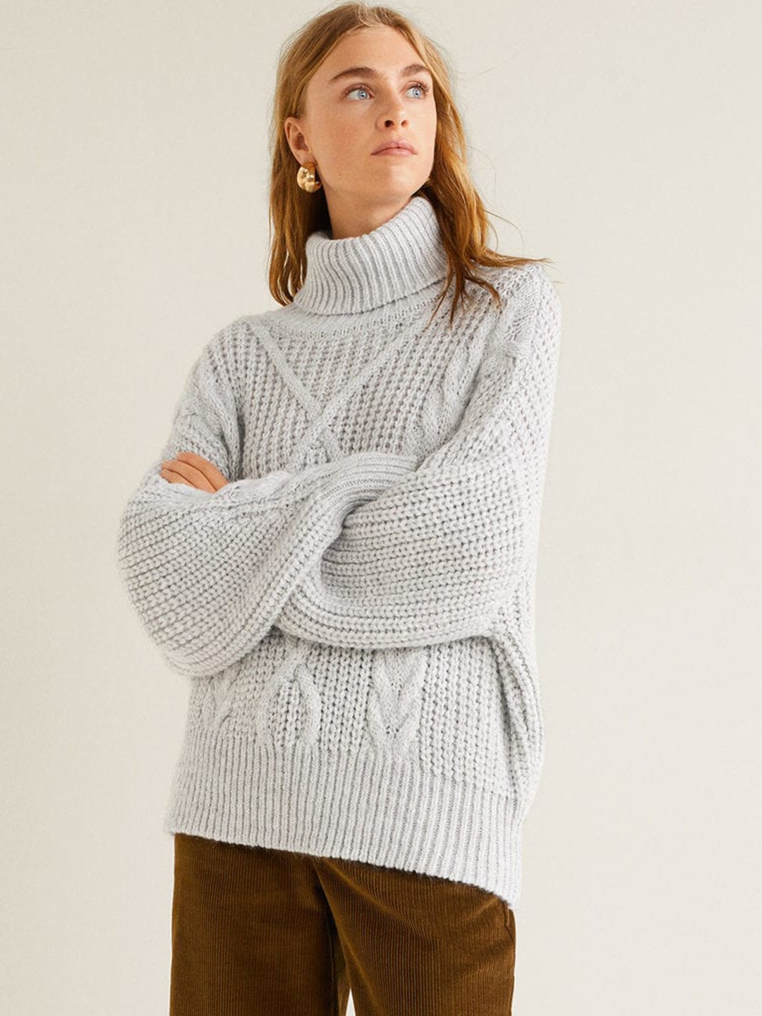 

MANGO Women Grey Cable Knit Sweater