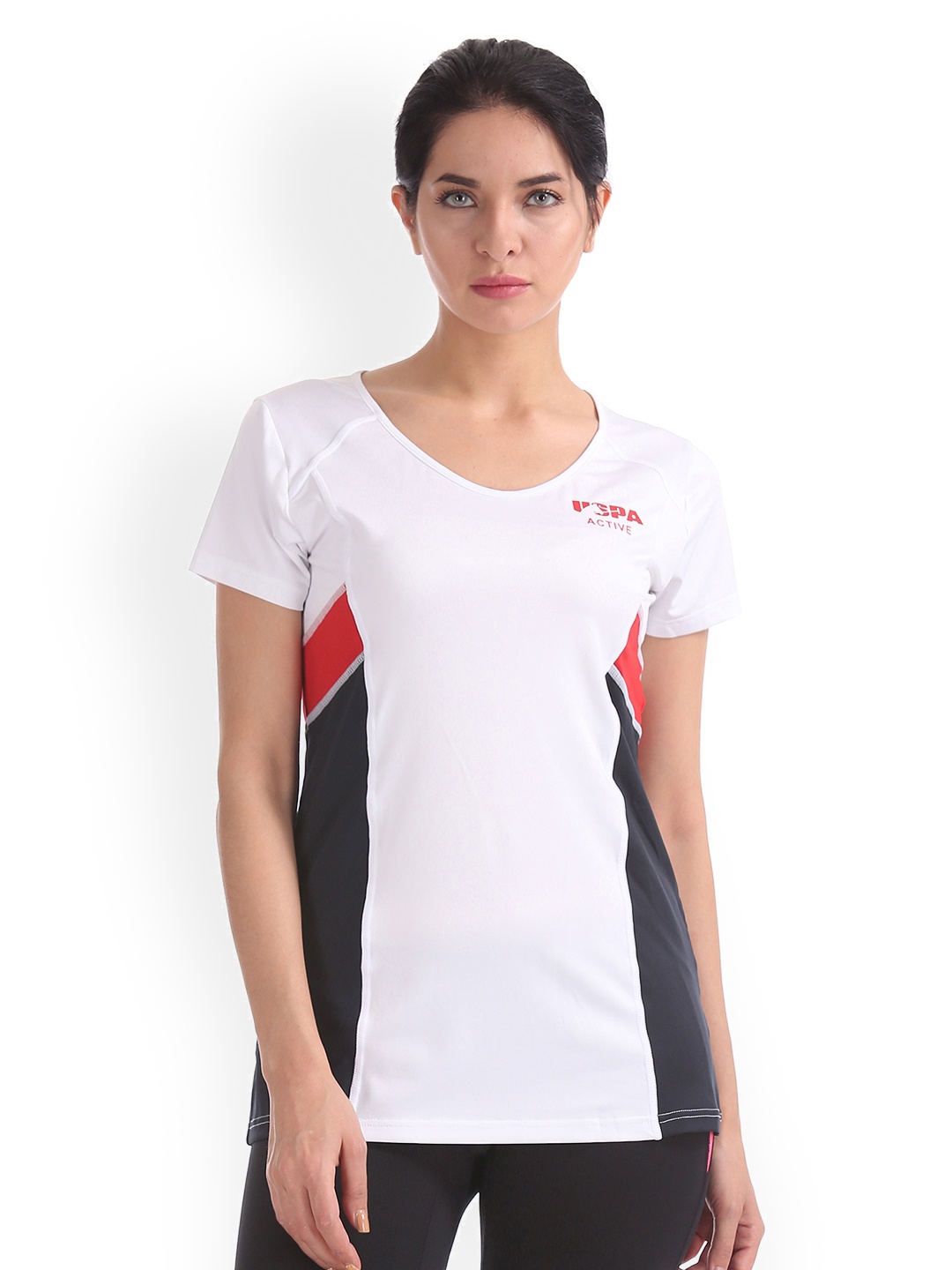 

U.S. Polo Assn. Women Women White Colourblocked V-Neck T-shirt