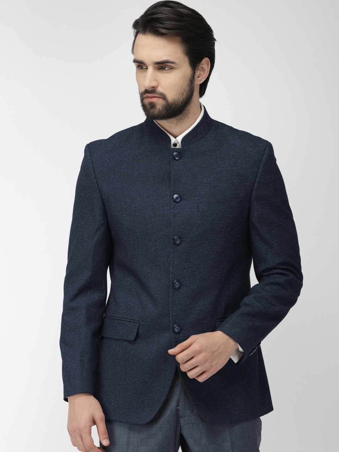 

Raymond Men Navy Blue Solid Contemporary Fit Single Breasted Bandhgala Blazer