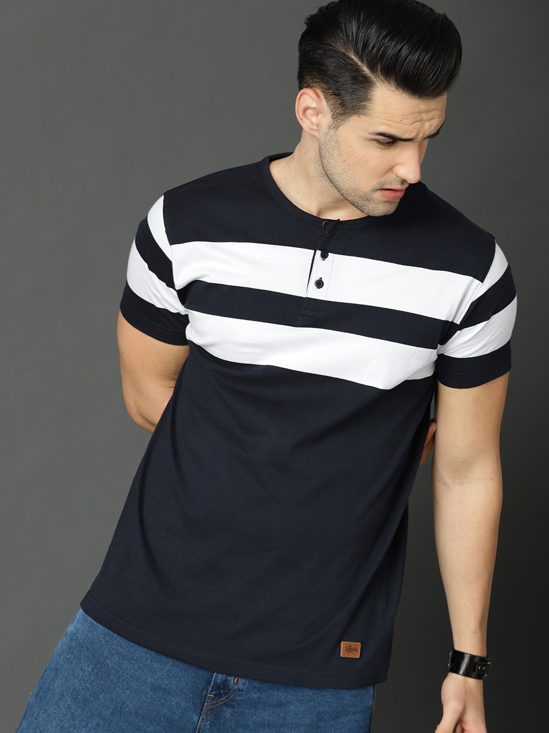 

Roadster Men Navy Blue White Striped Henley Neck Pure Cotton T-shirt