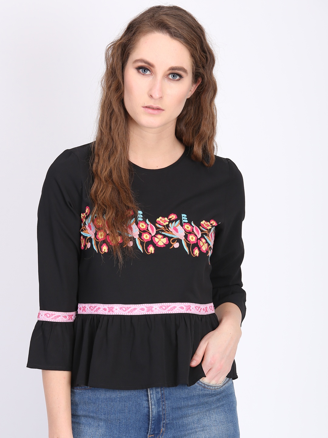 

DODO & MOA Women Black Floral Design Peplum Top